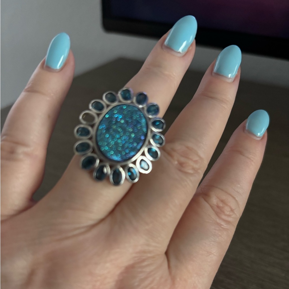 VTG London blue topaz & teal blue titanium druzy SS Ring